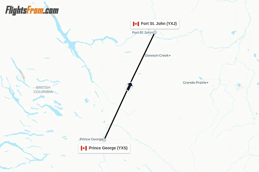 Flights from Prince George to Fort St. John route map