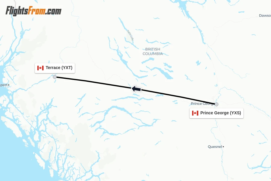 Flights from Prince George to Terrace route map