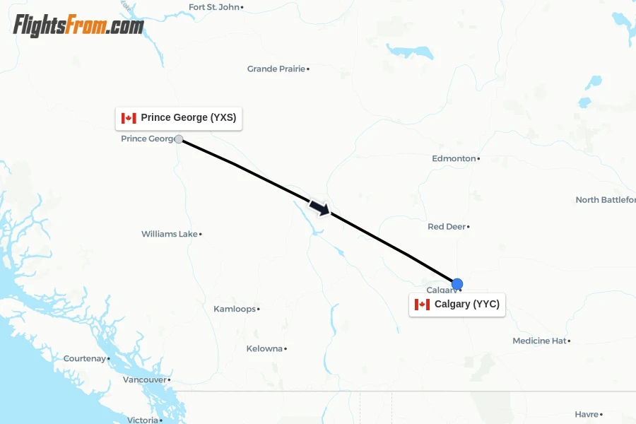 Flights from Prince George to Calgary route map