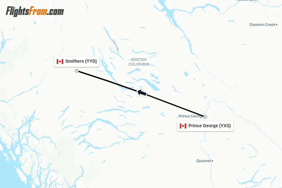 Flights from Prince George to Smithers route map