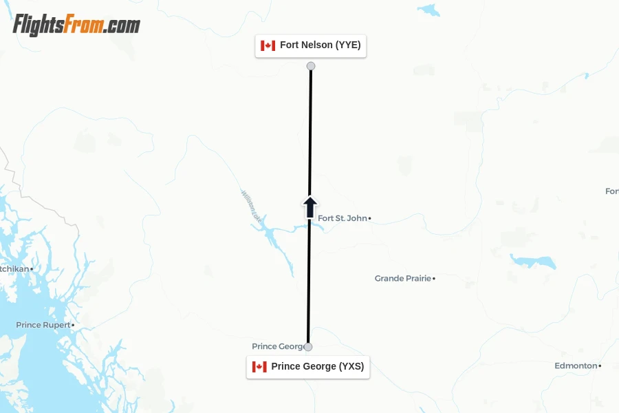 Flights from Prince George to Fort Nelson route map