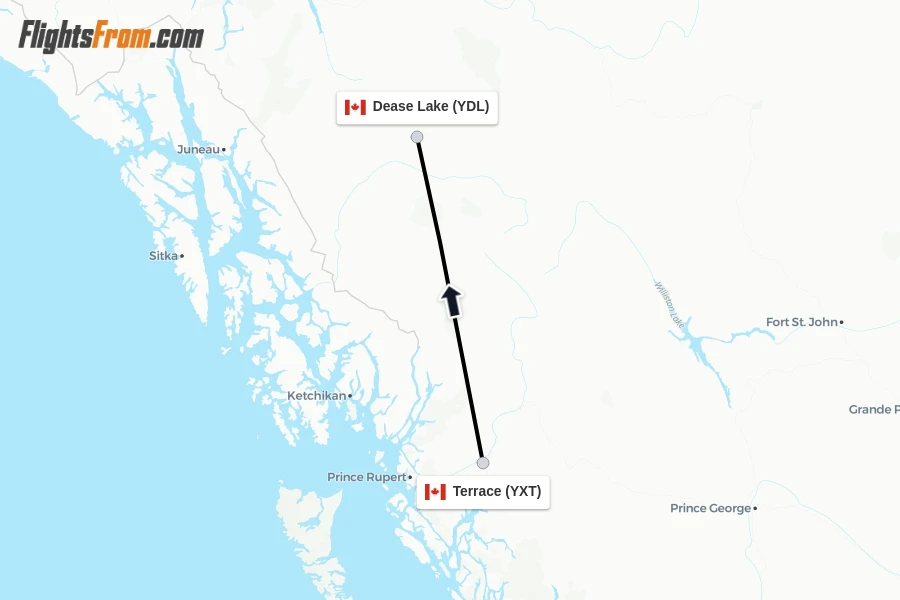 Flights from Terrace to Dease Lake route map