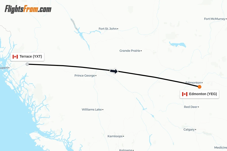 Flights from Terrace to Edmonton route map
