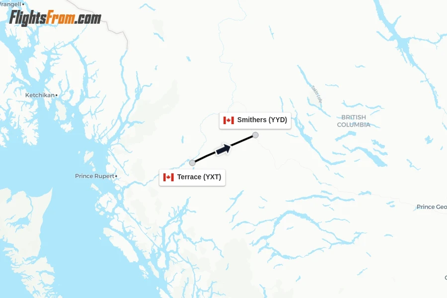 Flights from Terrace to Smithers route map