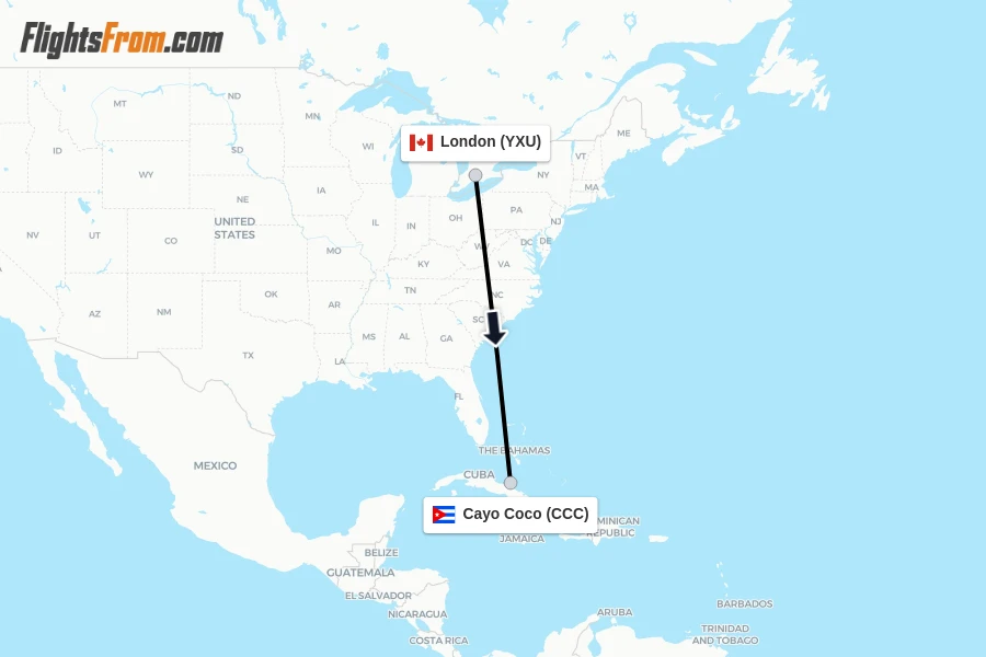 Flights from London to Cayo Coco route map