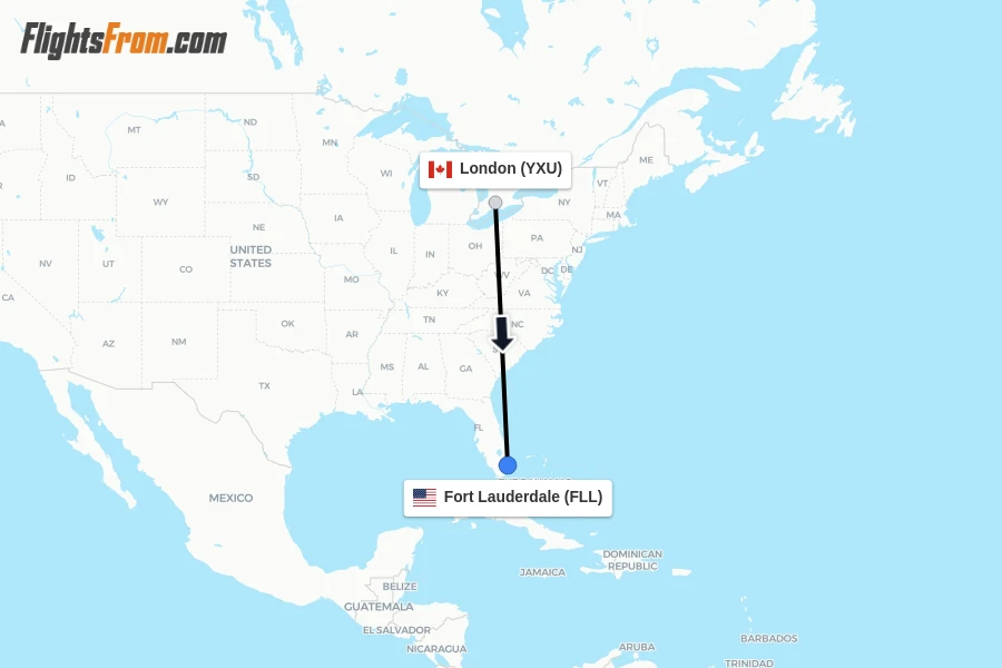 Flights from London to Fort Lauderdale route map