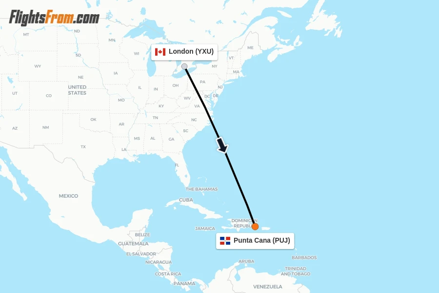 Flights from London to Punta Cana route map