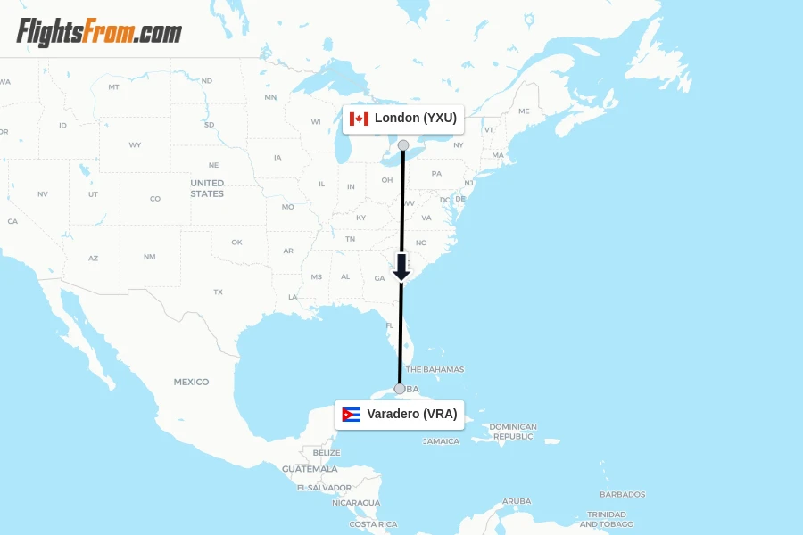 Flights from London to Varadero route map