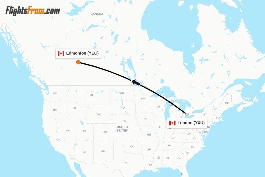 Flights from London to Edmonton route map
