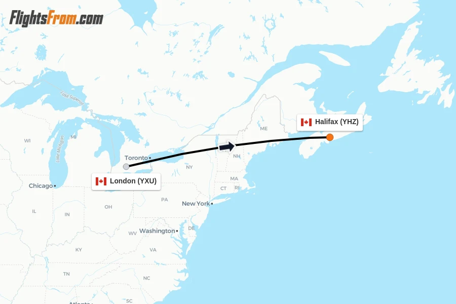 Flights from London to Halifax route map