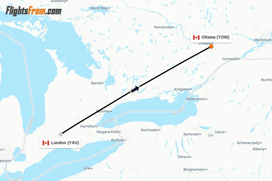 Flights from London to Ottawa route map