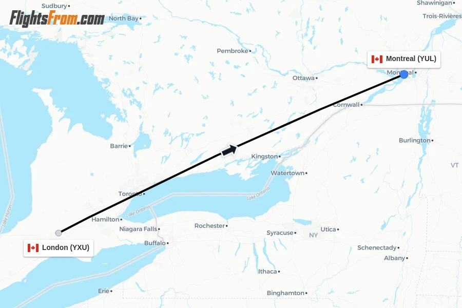 Flights from London to Montreal route map