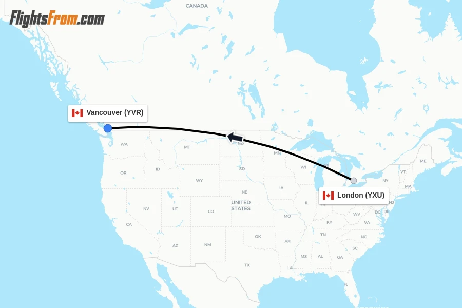 Flights from London to Vancouver route map