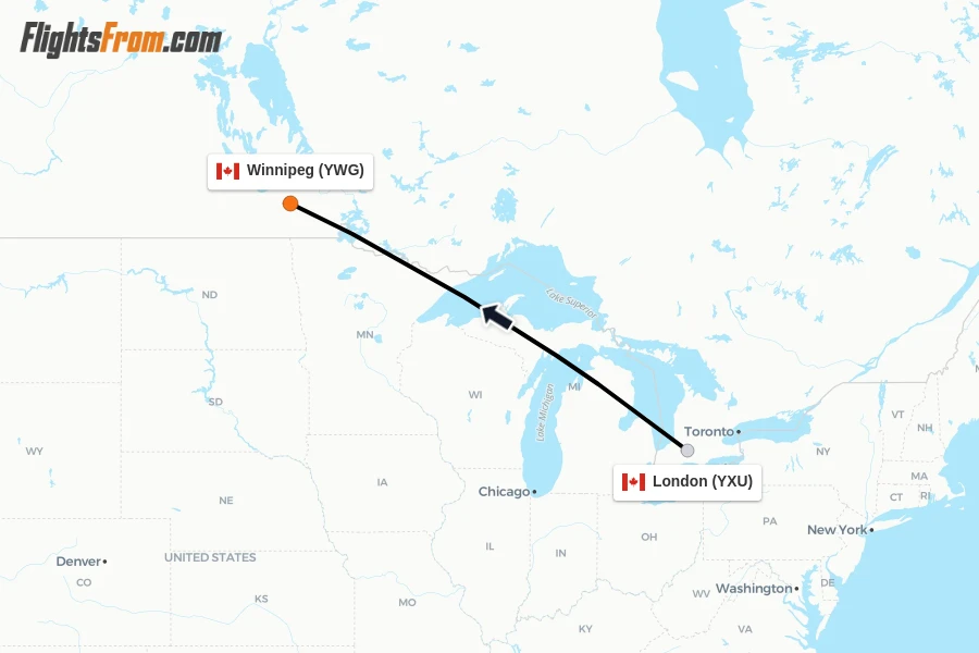 Flights from London to Winnipeg route map