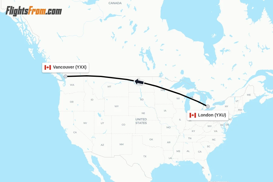 Flights from London to Vancouver route map