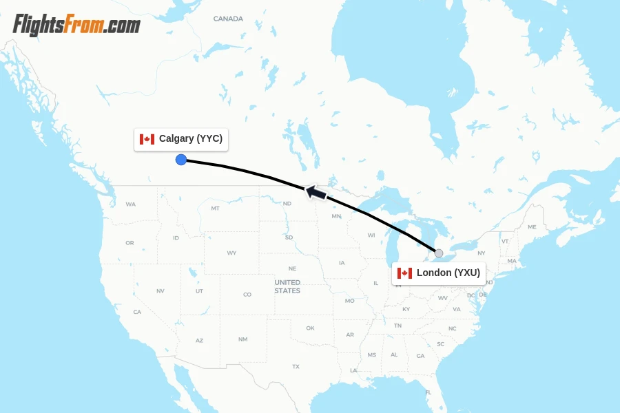 Flights from London to Calgary route map