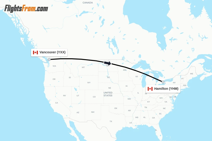 Flights from Vancouver to Hamilton route map