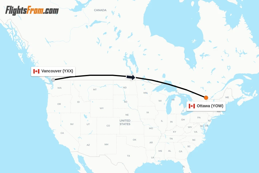 Flights from Vancouver to Ottawa route map