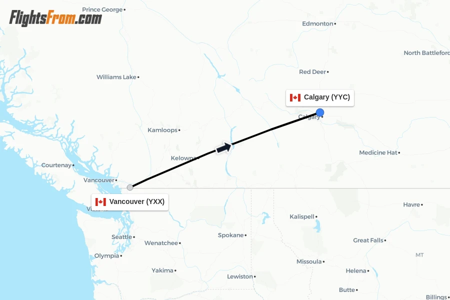 Flights from Vancouver to Calgary route map