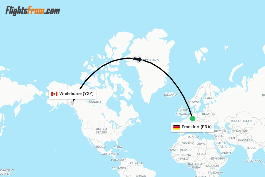Flights from Whitehorse to Frankfurt route map