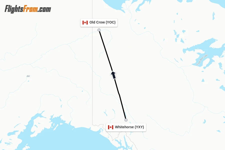Flights from Whitehorse to Old Crow route map