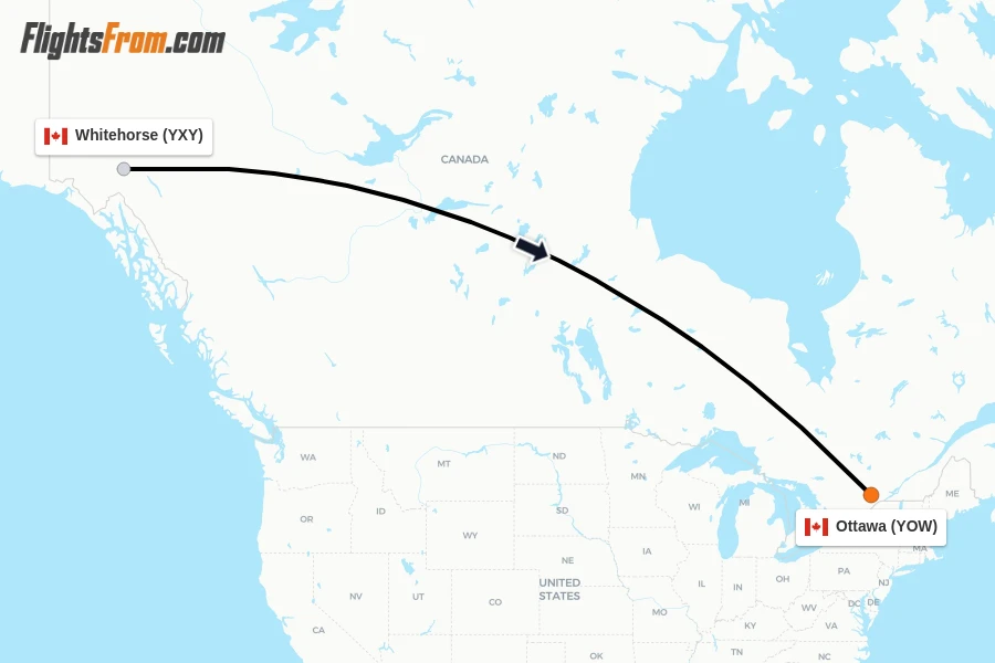 Flights from Whitehorse to Ottawa route map