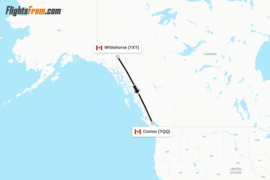 Flights from Whitehorse to Comox route map