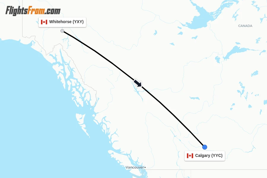 Flights from Whitehorse to Calgary route map