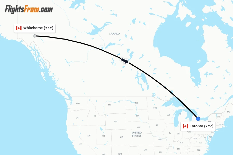 Flights from Whitehorse to Toronto route map
