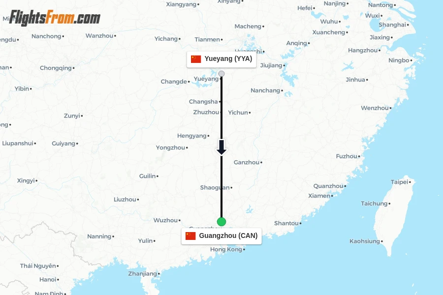 Flights from Yueyang to Guangzhou route map