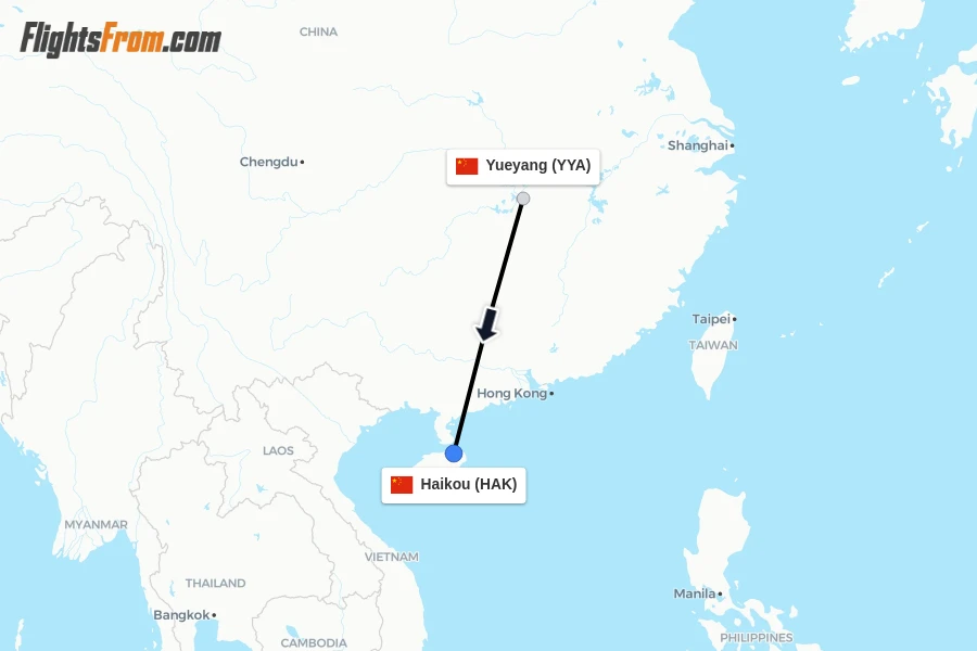 Flights from Yueyang to Haikou route map