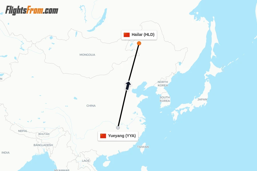 Flights from Yueyang to Hailar route map