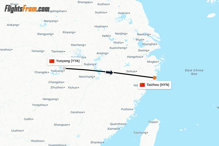 Flights from Yueyang to Taizhou route map