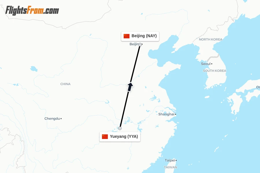 Flights from Yueyang to Beijing route map