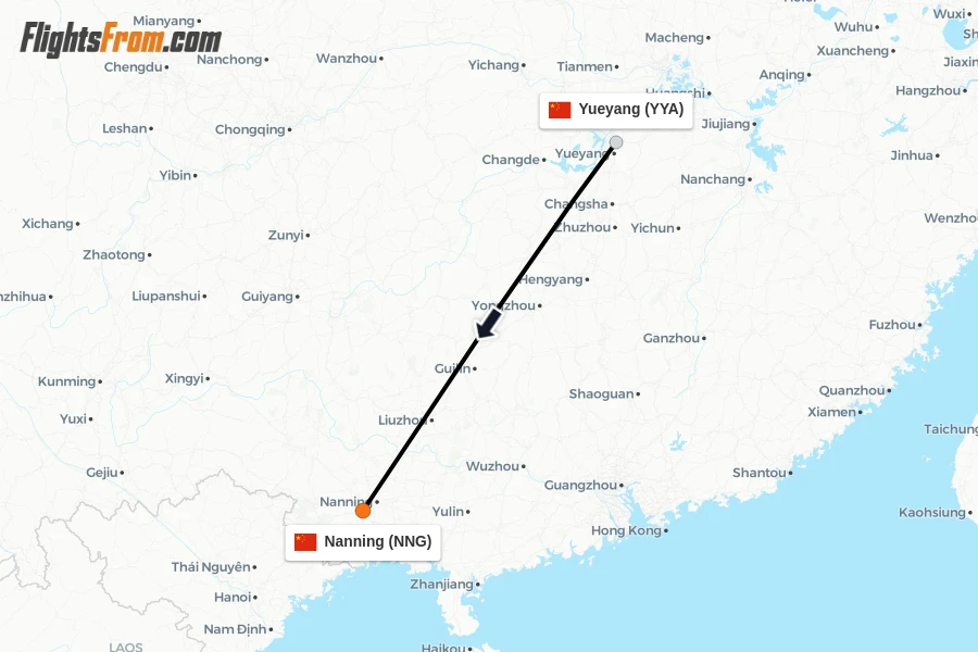 Flights from Yueyang to Nanning route map