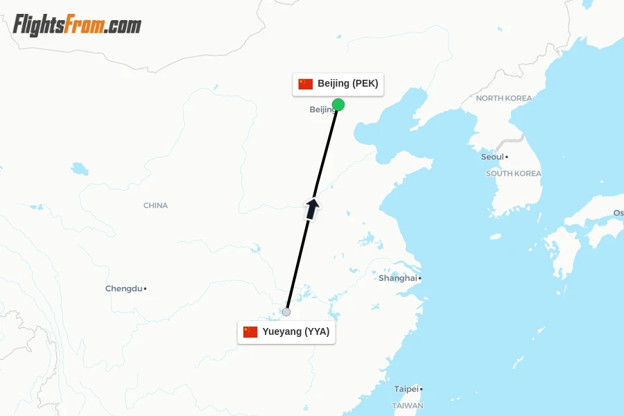 Flights from Yueyang to Beijing route map