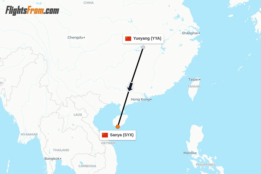 Flights from Yueyang to Sanya route map