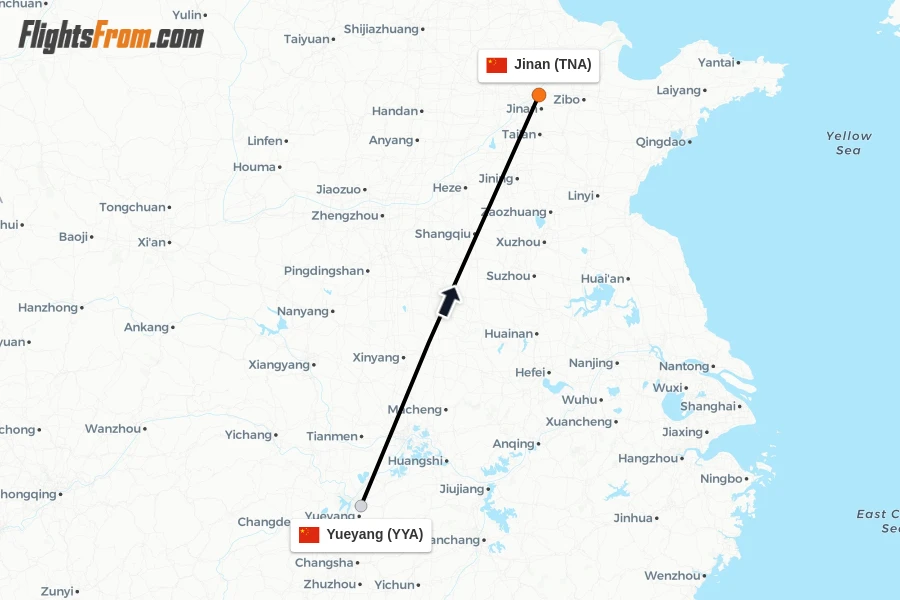 Flights from Yueyang to Jinan route map