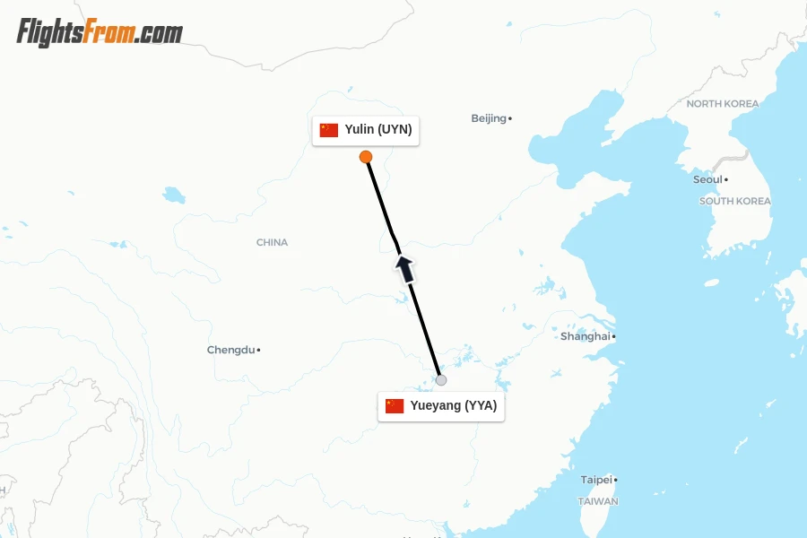 Flights from Yueyang to Yulin route map