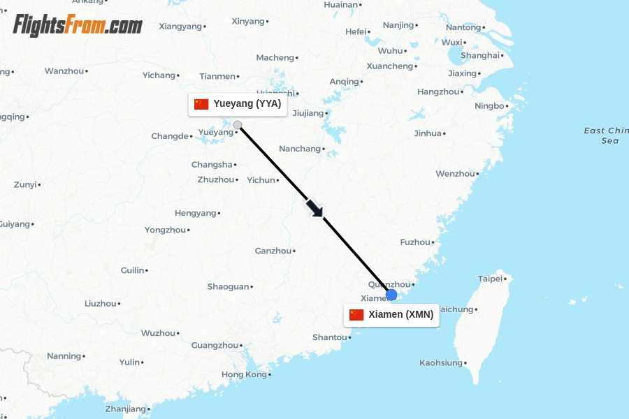 Flights from Yueyang to Xiamen route map