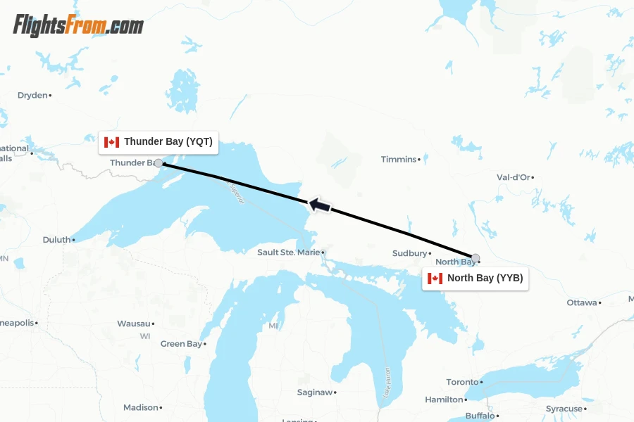 Flights from North Bay to Thunder Bay route map