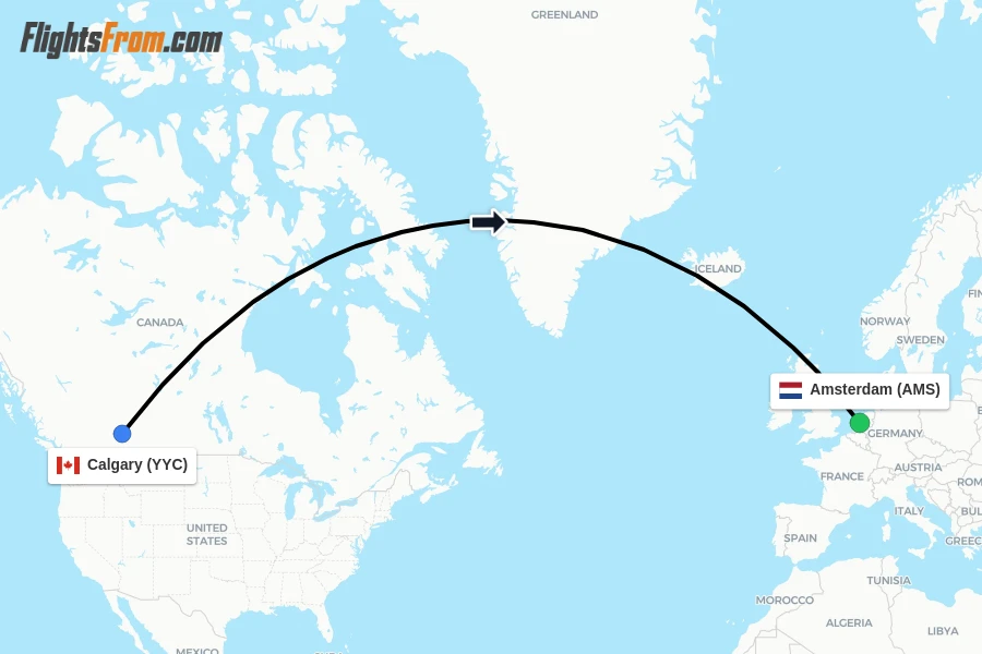 Flights from Calgary to Amsterdam route map