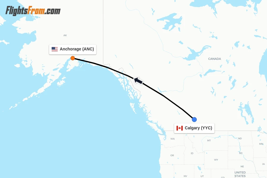 Flights from Calgary to Anchorage route map
