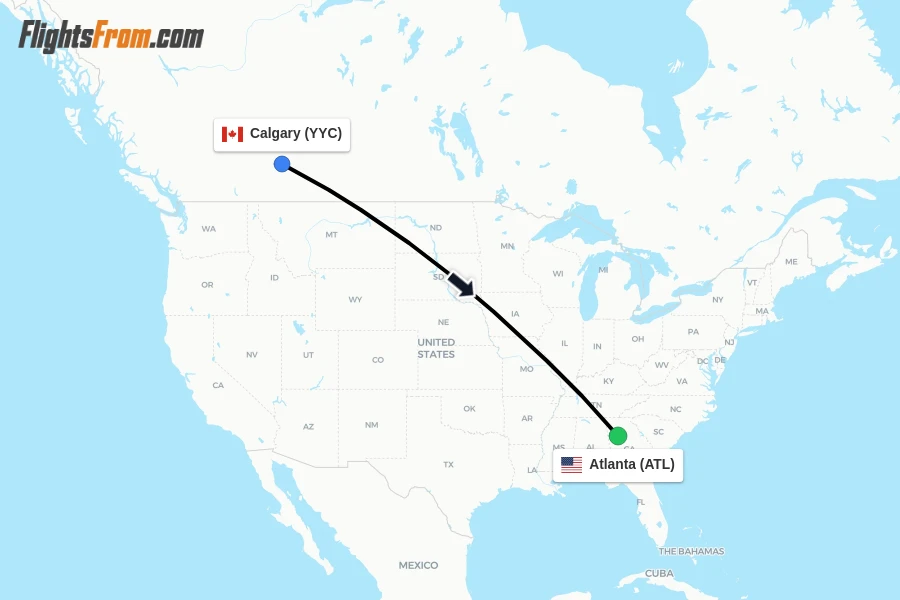 Flights from Calgary to Atlanta route map