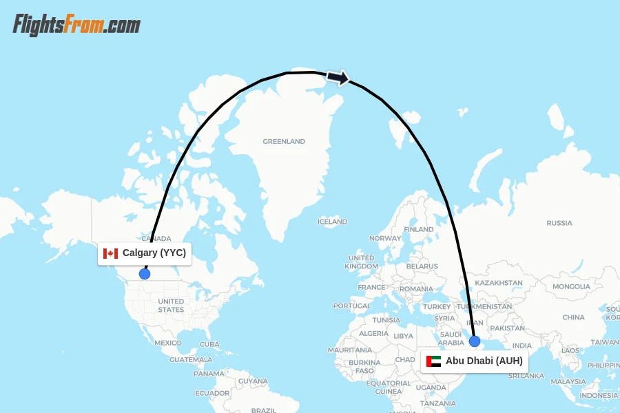 Flights from Calgary to Abu Dhabi route map