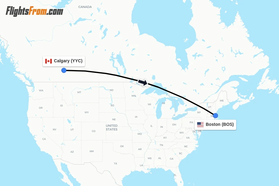 Flights from Calgary to Boston route map