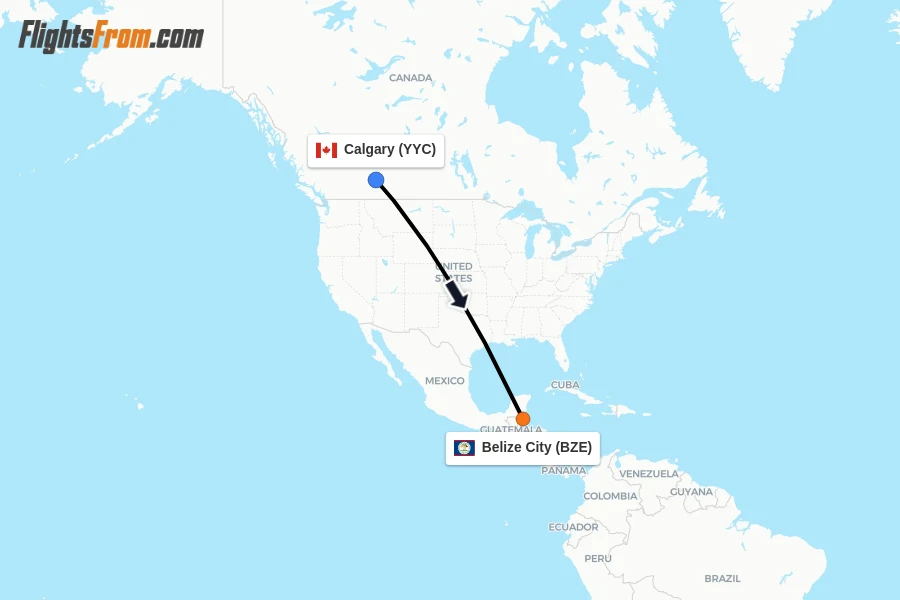 Flights from Calgary to Belize City route map