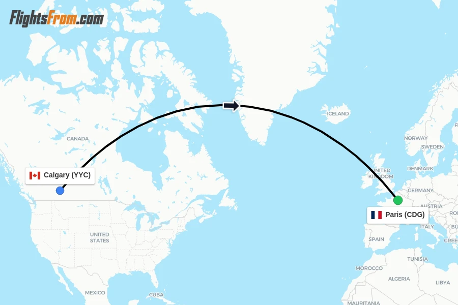 Flights from Calgary to Paris route map