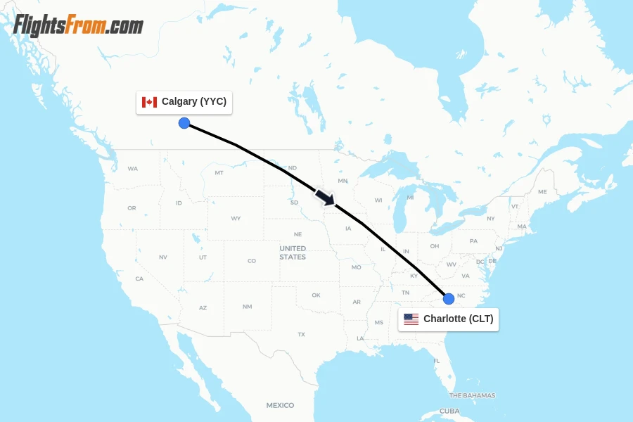 Flights from Calgary to Charlotte route map