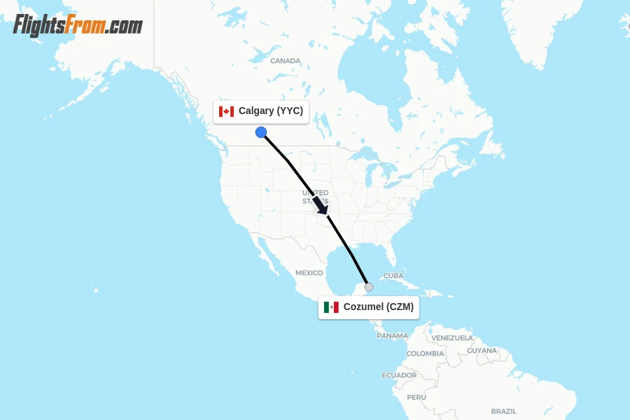 Flights from Calgary to Cozumel route map
